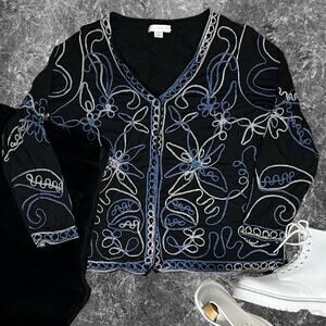 Art to Wear Embroidered Blue Black White Lightweight Jacket Size 1X cj Banks